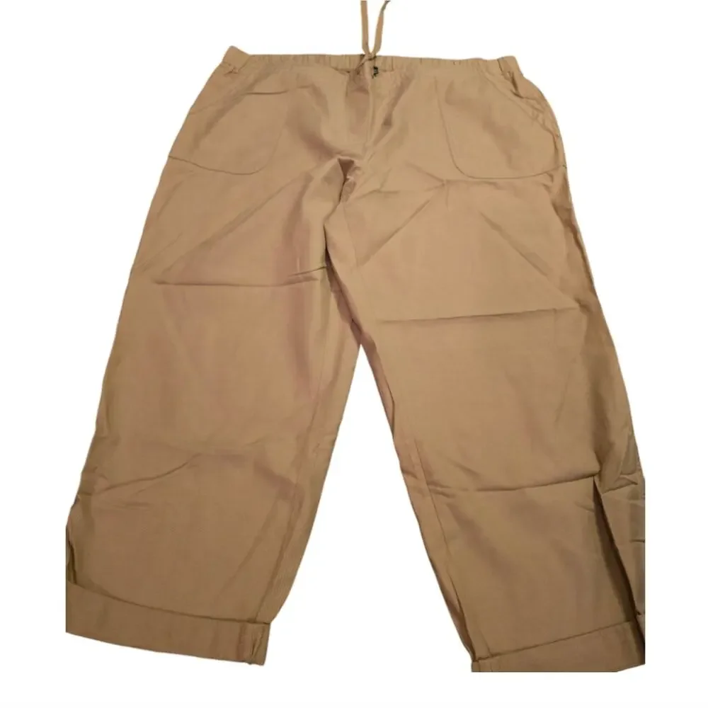 Talbots Drawstring Tie Waist Pull On‎ Khaki Button Detail Capri Pants Plus Sz 22